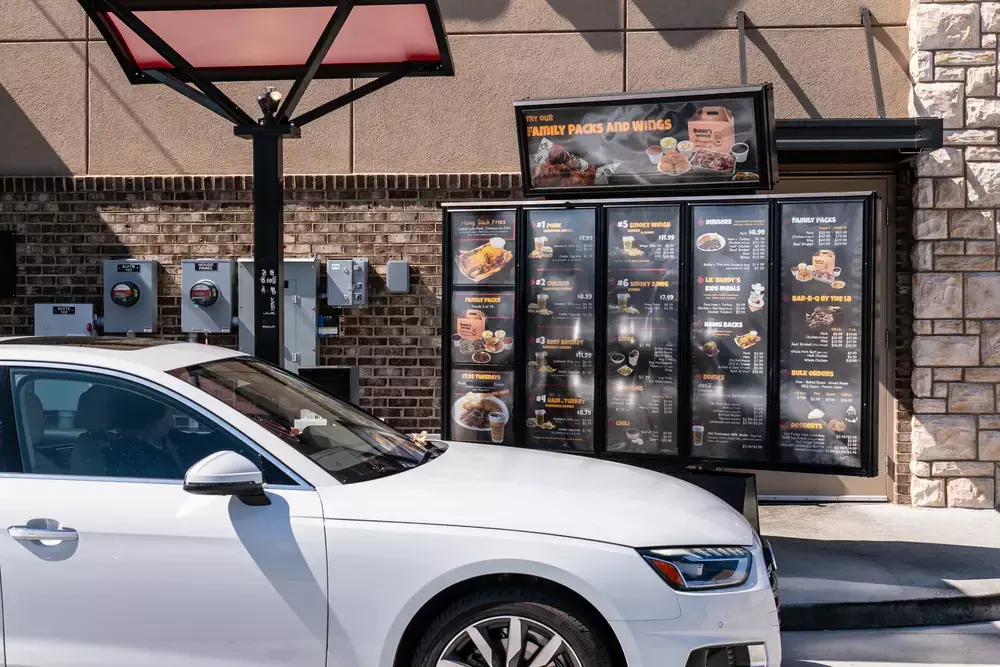 car at Buddy's Bar-b-q drive-thru