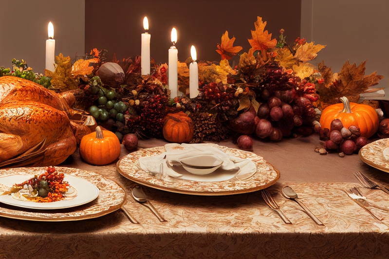 Thanksgiving table setting with turkey dinner