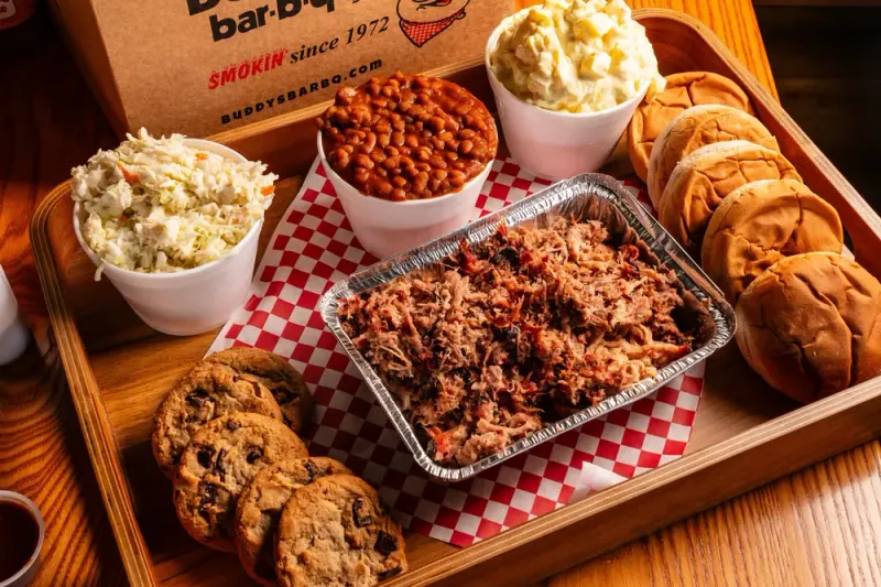 Buddy's bulk BBQ pork, sides, buns, cookies